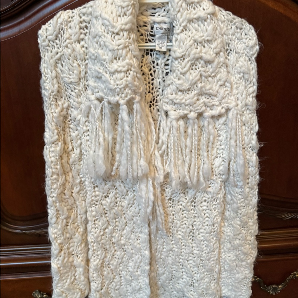 Chico's Cream Textured Cardigan with Fringe